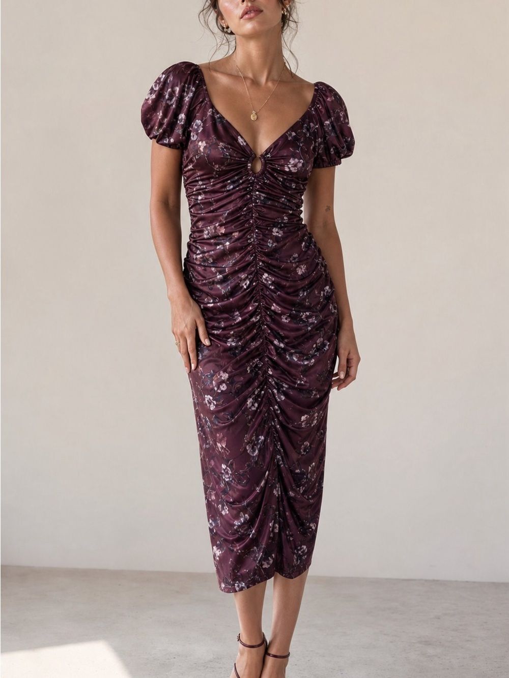 NWOT Free People ASTR The Label Kiana Purple Floral Ruched Midi Dress Size XS